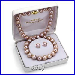 Pearl Necklace and Stud Earrings Set 14k Yellow Gold 8-9mm Pink Freshwater