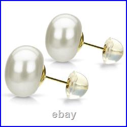 Pearl Necklace and Stud Earrings Set 14k Yellow Gold 8-9mm White Freshwater