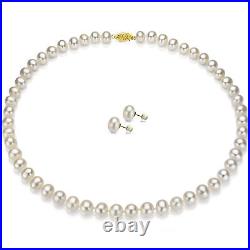 Pearl Necklace and Stud Earrings Set 14k Yellow Gold 8-9mm White Freshwater