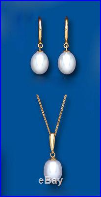 Pearl Pendant and Earring Set Solid Yellow Gold Hallmarked Cultured Freshwater