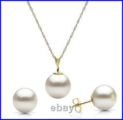 Pearl Pendant and Earrings Set 14k Yellow Gold Chain 8-8.5mm White Freshwater