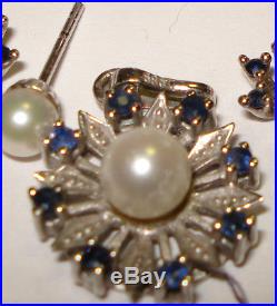 Pearl Sapphire Set Earrings & Jacket Pendant Ring White Gold Flower Unique