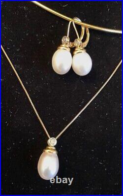 Pearl Set Earrings, Pendant, Necklace Chain Diamonds 14K Yellow Gold 7.3 Grams