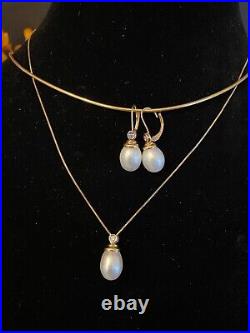 Pearl Set Earrings, Pendant, Necklace Chain Diamonds 14K Yellow Gold 7.3 Grams