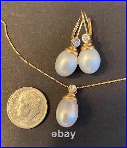 Pearl Set Earrings, Pendant, Necklace Chain Diamonds 14K Yellow Gold 7.3 Grams