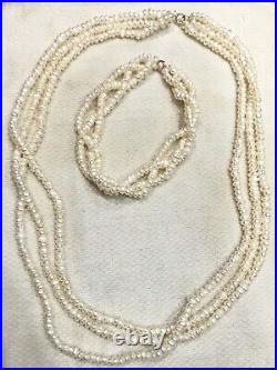 Pearl Triple Strand 18 1/2 Necklace 7 1/4 Bracelet Set 14k Yellow Gold Clasps