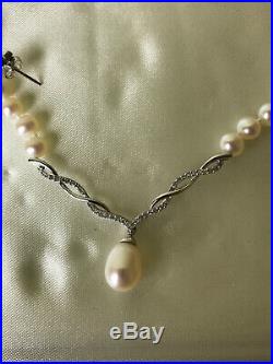 Pearl and Diamond 10K White Gold Necklace and Earring Set