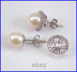 Pearl and Moissanite Halo Stud Earrings 14K White Gold Plated Jacket Set Studs