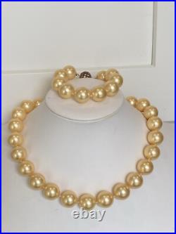 Pearlfection Gold Vermeil 16mm Pale Yellow Pearl & CZ Necklace & Bracelet Set
