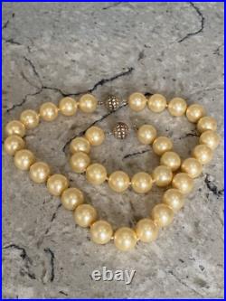 Pearlfection Gold Vermeil 16mm Pale Yellow Pearl & CZ Necklace & Bracelet Set