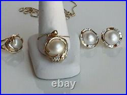 Pearls & Diamonds Amazing Set Necklace+Earrings+ring! 14k Solid Gold