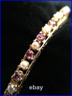 Pearls & Pink Sapphires Set in 14K Gold Bangle Bracelet 8.4 dwt / 13.0 grams