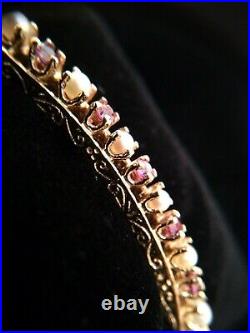 Pearls & Pink Sapphires Set in 14K Gold Bangle Bracelet 8.4 dwt / 13.0 grams