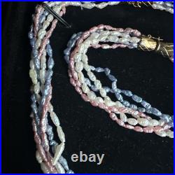 Pink, Blue, White Rice Pearl 18k Gold Over Silver Clasp Bracelet Necklace Set