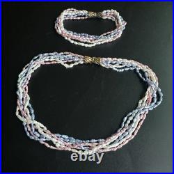 Pink, Blue, White Rice Pearl 18k Gold Over Silver Clasp Bracelet Necklace Set
