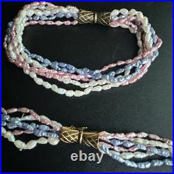 Pink, Blue, White Rice Pearl 18k Gold Over Silver Clasp Bracelet Necklace Set