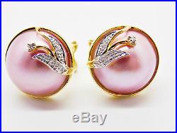 Pink Mabe Pearl & Natural Diamond Bezel Omega Earrings & Ring 14k Solid Gold Set