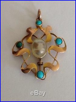 Pretty Antique Art Nouveau 9ct Rose Gold Blister Pearl & Turquoise Set Pendant
