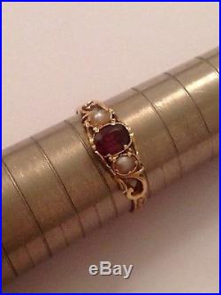 Pretty Antique Victorian 15ct Gold Almandine Garnet & Seed Pearl Set Ring