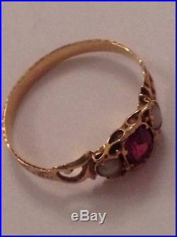 Pretty Antique Victorian 15ct Gold Almandine Garnet & Seed Pearl Set Ring
