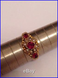 Pretty Antique Victorian 15ct Gold Garnet & Seed Pearl Set Ring