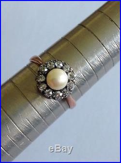 Pretty Antique Victorian 9ct Gold Diamond & Pearl Set Daisy Cluster Ring