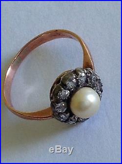 Pretty Antique Victorian 9ct Gold Diamond & Pearl Set Daisy Cluster Ring