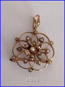 Pretty Antique Victorian 9ct Gold & Seed Pearl Set Pendant / Brooch