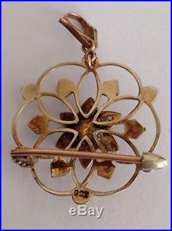 Pretty Antique Victorian 9ct Gold & Seed Pearl Set Pendant / Brooch