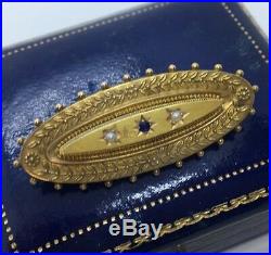 Pretty Ornate Antique Victorian Sapphire & Pearl Brooch Set In 15ct Gold