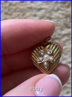 Pretty Victorian 15ct Gold Pearl Flower Set Heart Pendant/Charm
