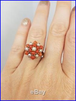 Pretty Vintage Coral and Pearl Ring Band Large Cluster Set In Yellow Gold