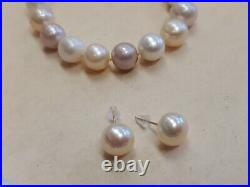 RARE Multi Color 9.5mm Pearl Necklace Bracelet Earrings with 14k Yellow Gold SET