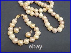 RARE Multi Color 9.5mm Pearl Necklace Bracelet Earrings with 14k Yellow Gold SET