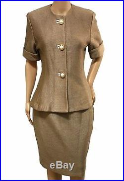 RARE! St. John Suit 8 Blazer Skirt Set Pearl Gold Size 8 Santana Knit Designer