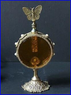 RARE! Vintage Gold BUTTERFLY PEARL Perfume Bottle AMBER GLASS VANITY Antique
