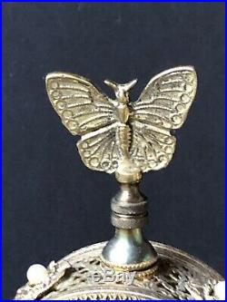 RARE! Vintage Gold BUTTERFLY PEARL Perfume Bottle AMBER GLASS VANITY Antique