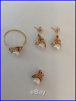 REDUCED! Gorgeous estate 10k yellow gold & Pearl ring earring pendant set 416-7