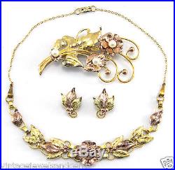 ROSE GOLD 925 STERLING SILVER Vtg Pearl Rhinestone Necklace Brooch Earring Set