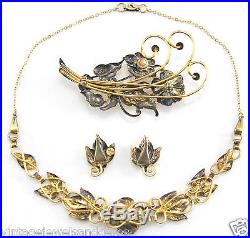 ROSE GOLD 925 STERLING SILVER Vtg Pearl Rhinestone Necklace Brooch Earring Set
