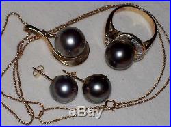 Rare 11mm Tahitian Black Pearl, Diamond & 14K Gold Ring, Earring, Pendant Set
