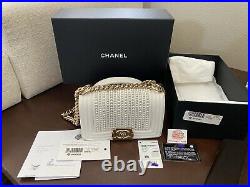 Rare 19K Chanel Boy Bag Small White Calfskin Pearls Gold HW Full Set Limited