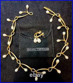 Rare Angela Cummings Thorn Sprig Pearl 18k Gold Necklace Earrings Set