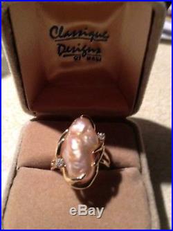 Rare Large Biwa Pearl Ring with 2 diamond accents set in 14 K Yellow Gold size 6