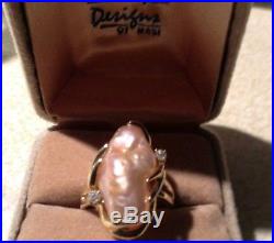 Rare Large Biwa Pearl Ring with 2 diamond accents set in 14 K Yellow Gold size 6