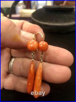 Rare Pair Victorian 10k Gold Salmon Coral Drop Earrings Necklace Set Beautiful