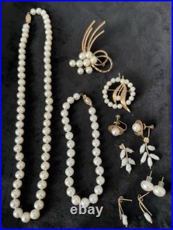 Rare Solid 14k Gold Genuine Pearl Necklace Bracelet Brooch Earrings Set Lot 53g
