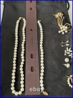 Rare Solid 14k Gold Genuine Pearl Necklace Bracelet Brooch Earrings Set Lot 53g
