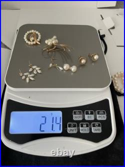 Rare Solid 14k Gold Genuine Pearl Necklace Bracelet Brooch Earrings Set Lot 53g