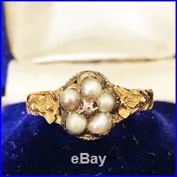Rare Victorian 22ct Gold Pearl & Diamond Posy ring, full set of hallmarks C1858